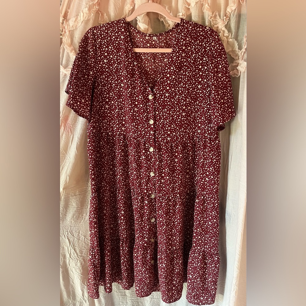 Women’s Burgundy Floral Button-Front Midi Dress